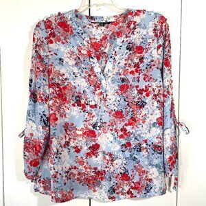 Zac & Rachel Petite Medium Blouse Floral Watercolor Peasant Boho Top Tie Sleeves